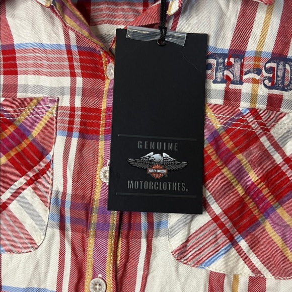 NWT Harley Davidson Women's Red and White Plaid Cold Shoulder Button Down Shirt - Picture 5 of 7